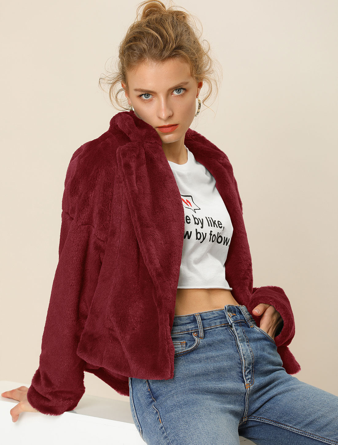 Allegra K Cropped Notch Lapel Faux Fur Fluffy Jacket