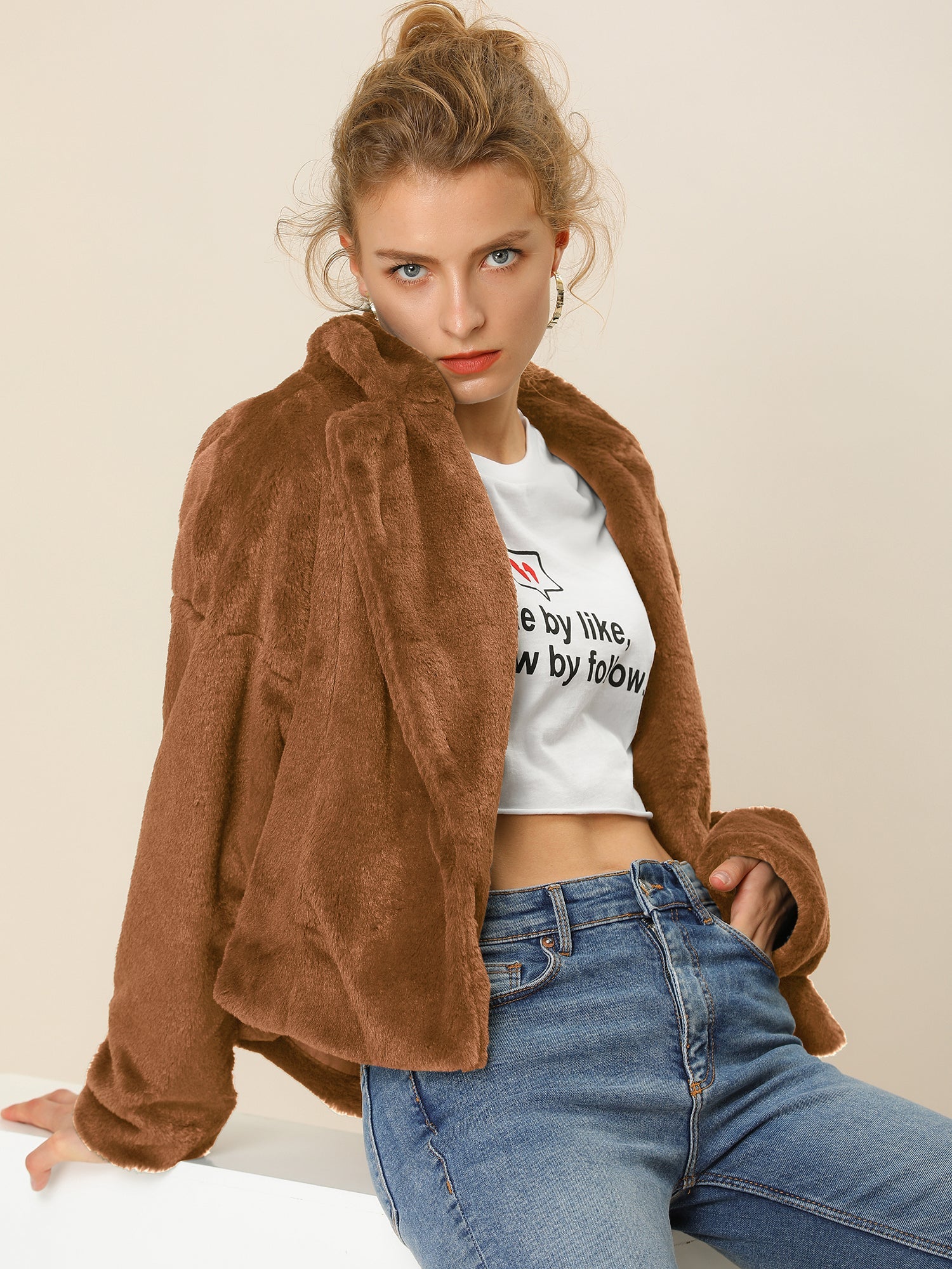 Allegra K Cropped Notch Lapel Faux Fur Fluffy Jacket