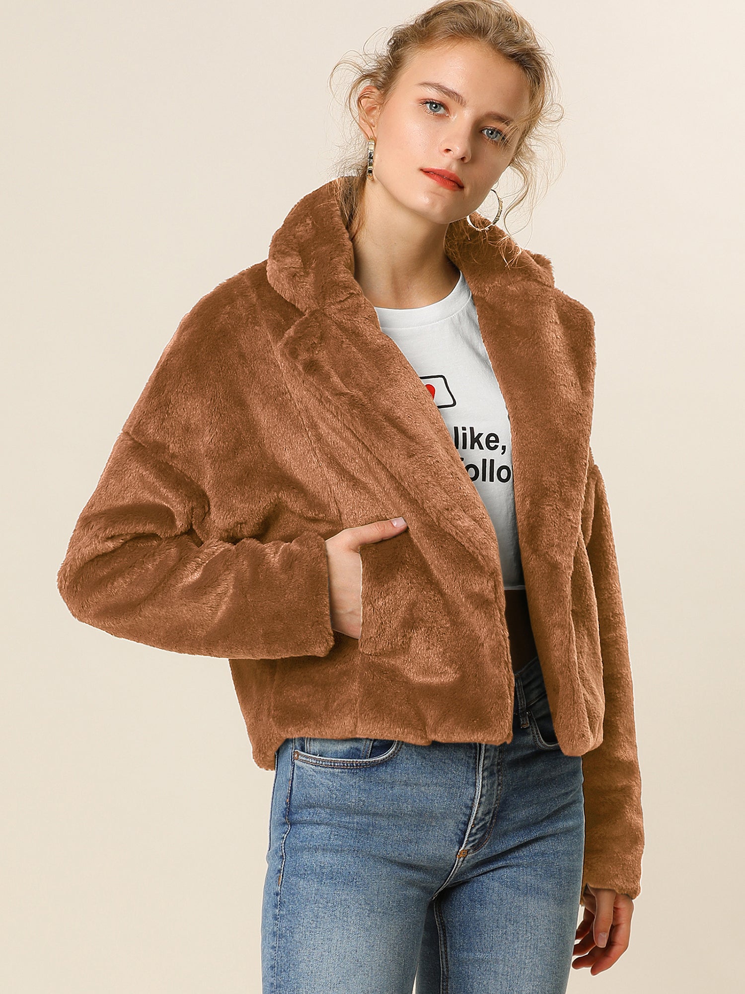 Allegra K Cropped Notch Lapel Faux Fur Fluffy Jacket