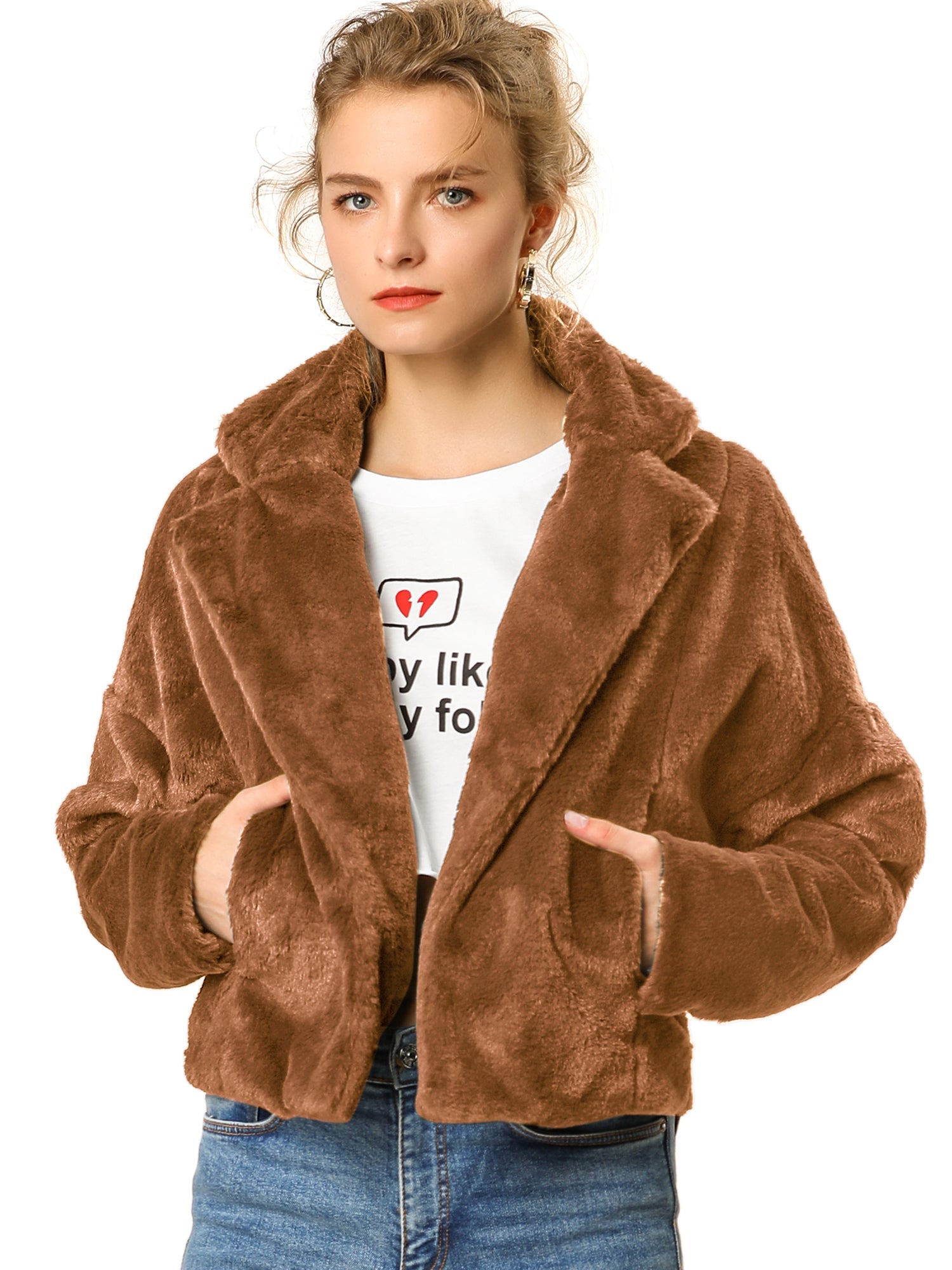 Allegra K Cropped Notch Lapel Faux Fur Fluffy Jacket