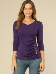 3/4 Sleeves V Neck Solid Knitted Button Decor Ruched Blouse