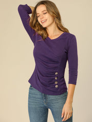 3/4 Sleeves V Neck Solid Knitted Button Decor Ruched Blouse
