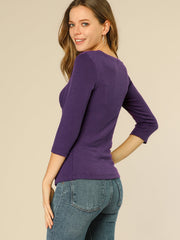 3/4 Sleeves V Neck Solid Knitted Button Decor Ruched Blouse