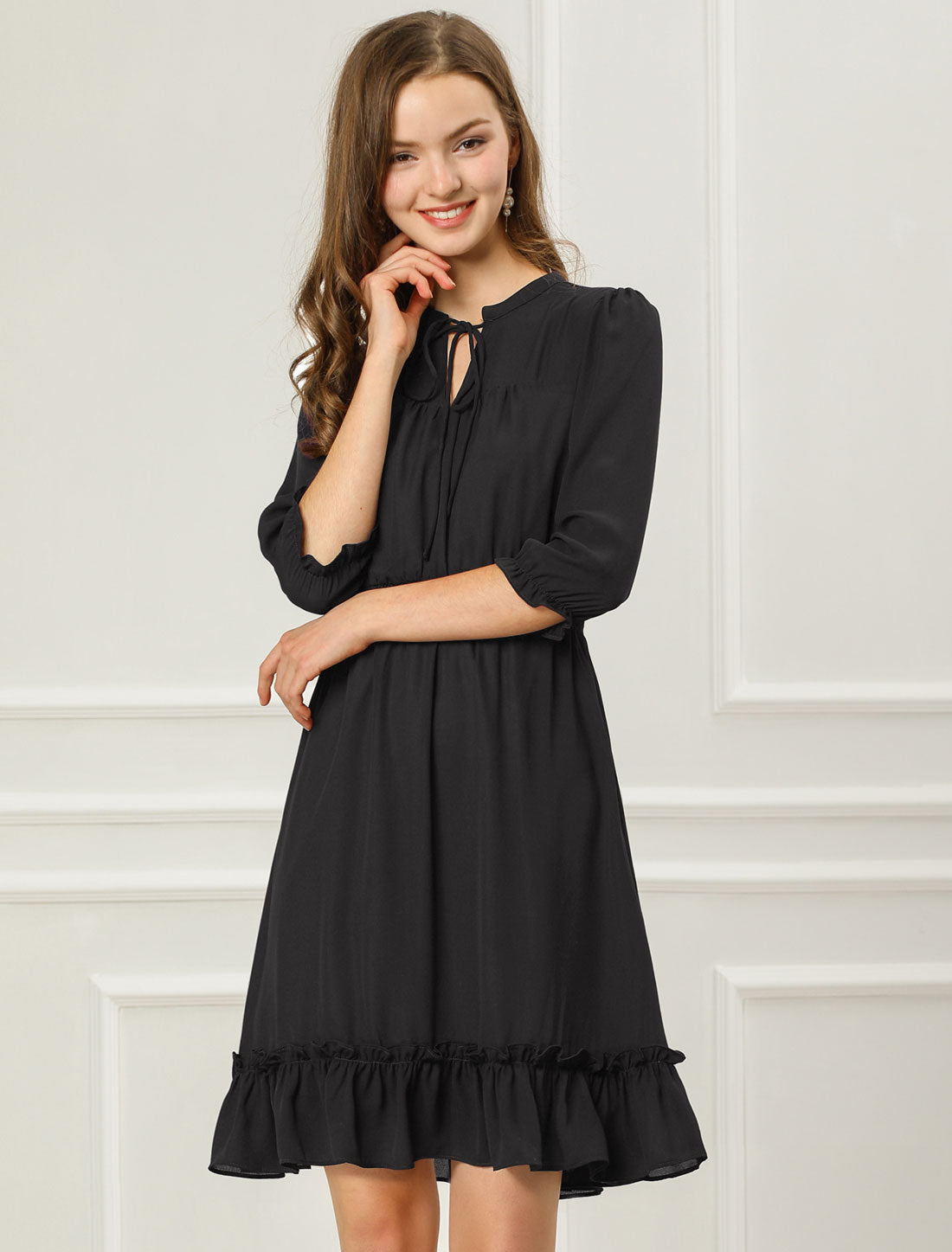 Ruffle Hem 3/4 Sleeve A-Line Smocked Midi Chiffon Dress