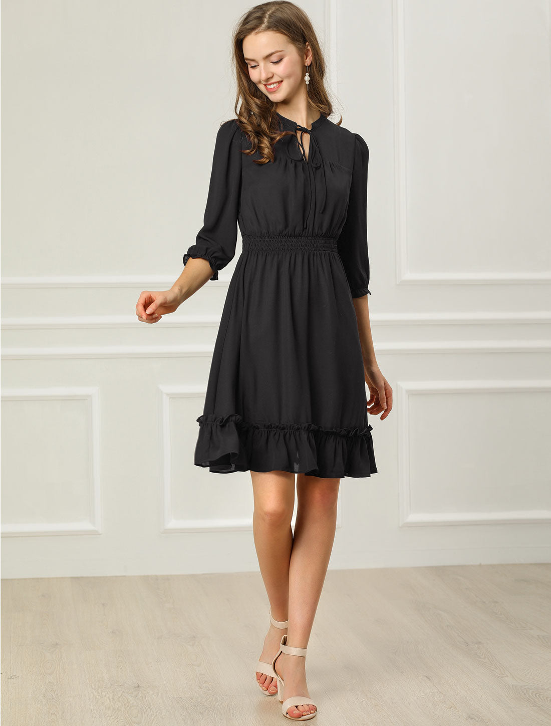 Ruffle Hem 3/4 Sleeve A-Line Smocked Midi Chiffon Dress