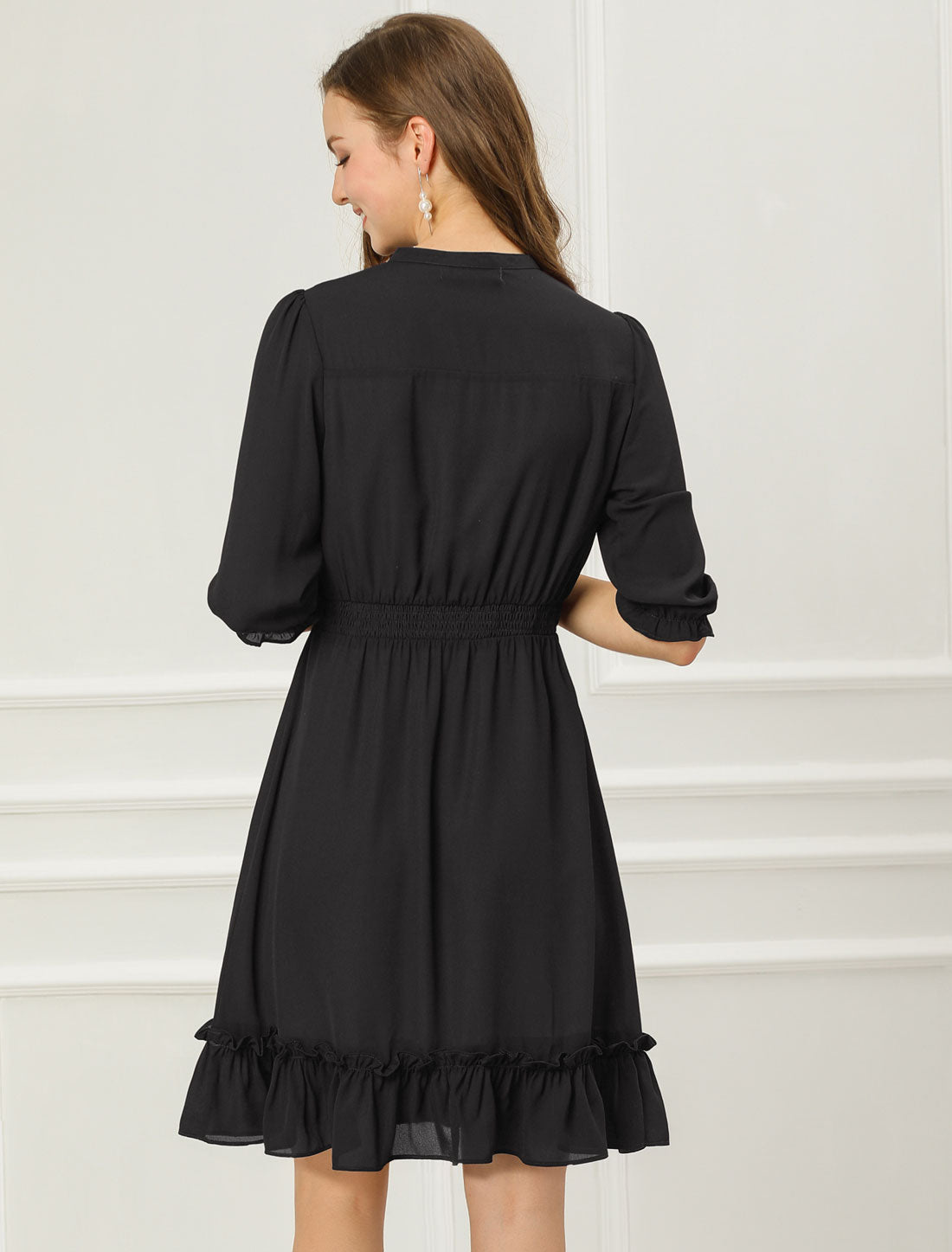 Ruffle Hem 3/4 Sleeve A-Line Smocked Midi Chiffon Dress