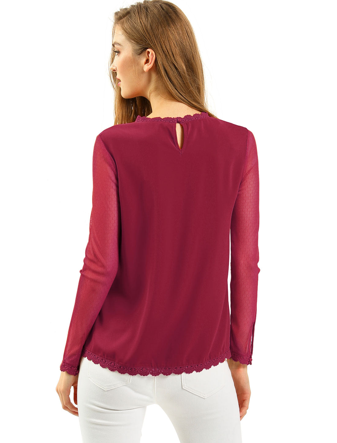 Lace Mesh Long Sleeve Top Round Neck Casual Elegant Blouse