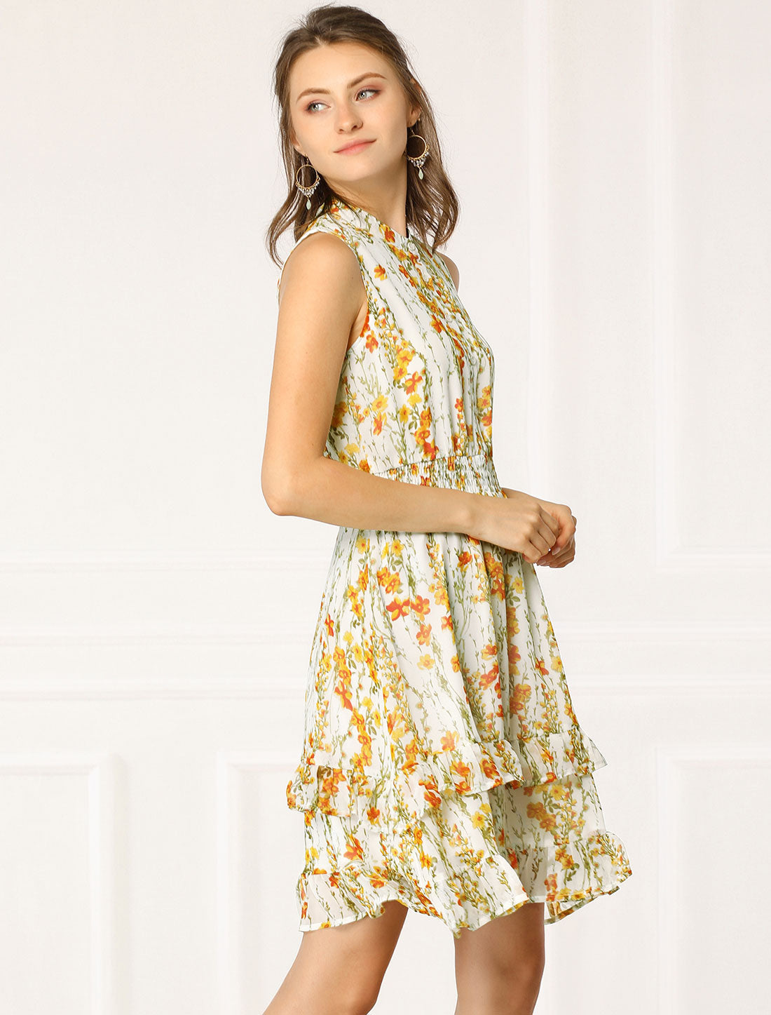 Floral A-line Smocked Waist Tiered Ruffled Chiffon Mini Dress