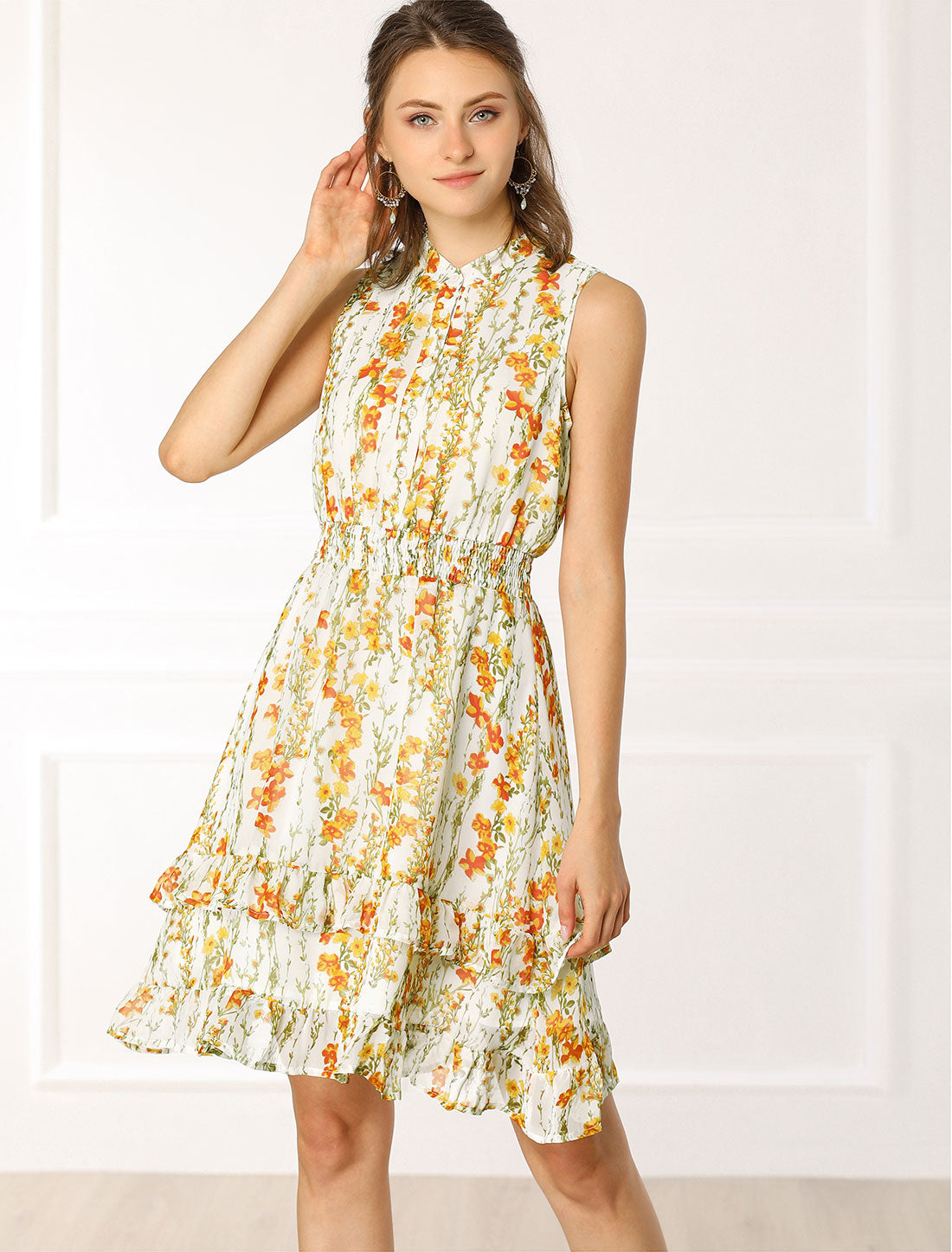 Floral A-line Smocked Waist Tiered Ruffled Chiffon Mini Dress