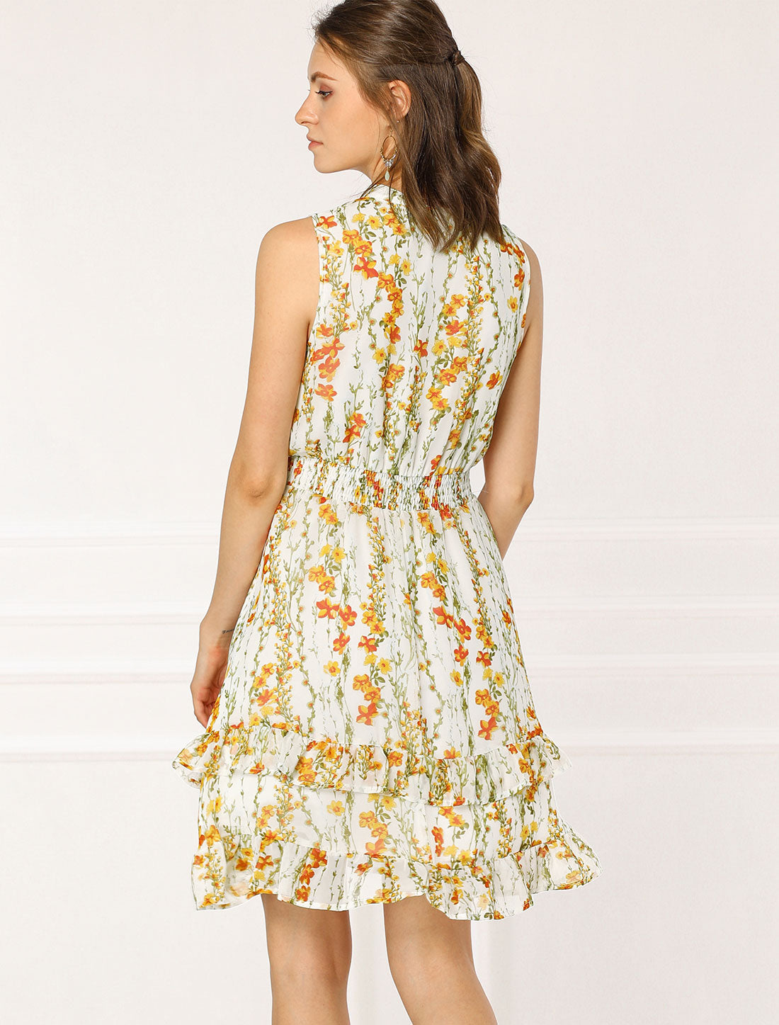 Floral A-line Smocked Waist Tiered Ruffled Chiffon Mini Dress