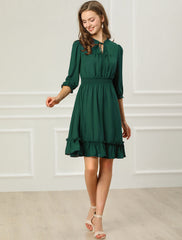Ruffle Hem 3/4 Sleeve A-Line Smocked Short Chiffon Dress