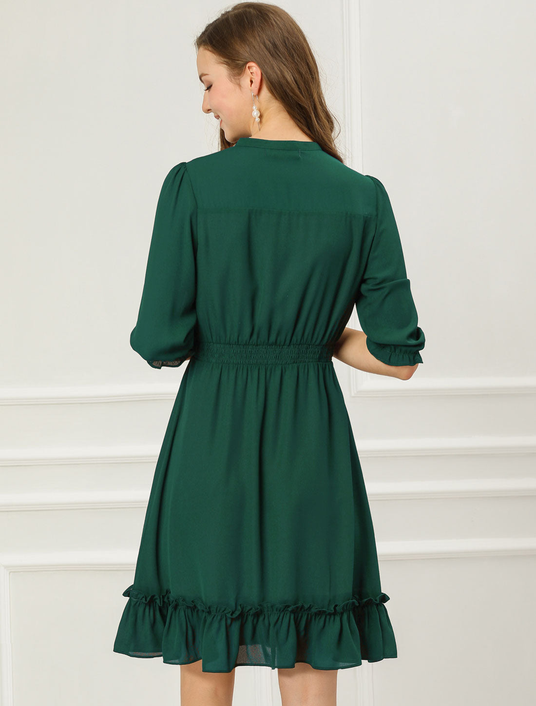 Ruffle Hem 3/4 Sleeve A-Line Smocked Short Chiffon Dress