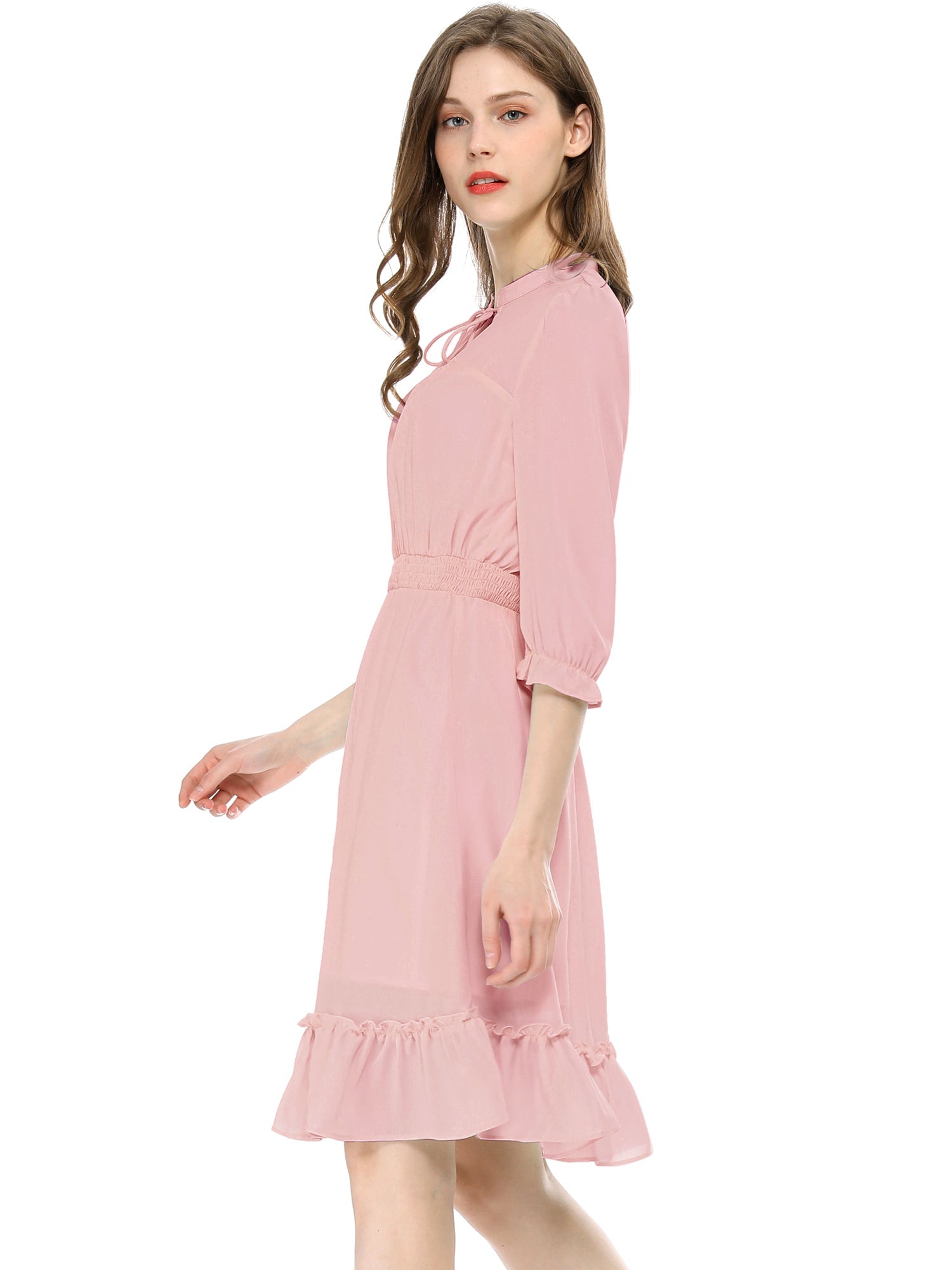Ruffle Hem 3/4 Sleeve A-Line Smocked Short Chiffon Dress