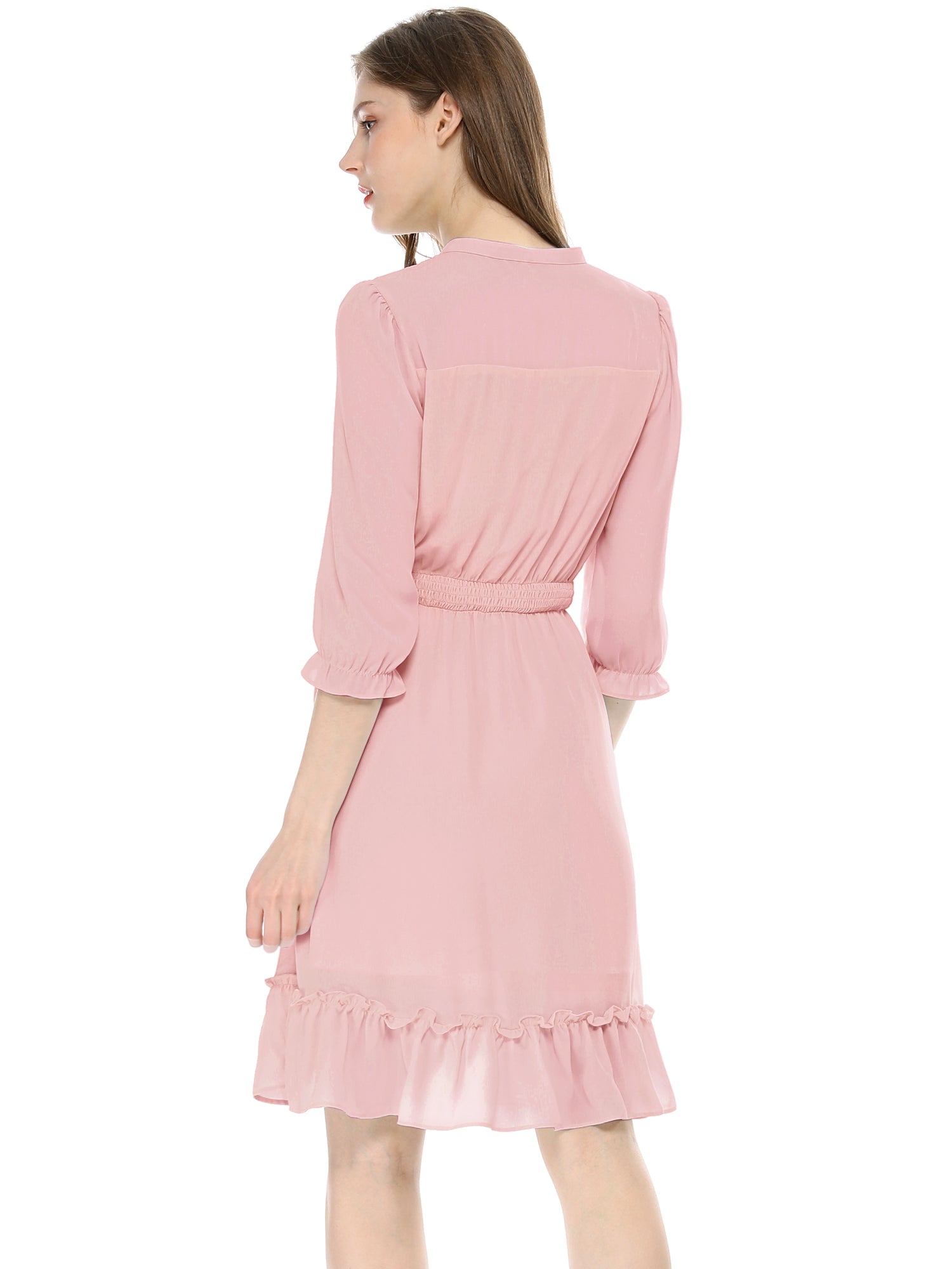 Ruffle Hem 3/4 Sleeve A-Line Smocked Short Chiffon Dress