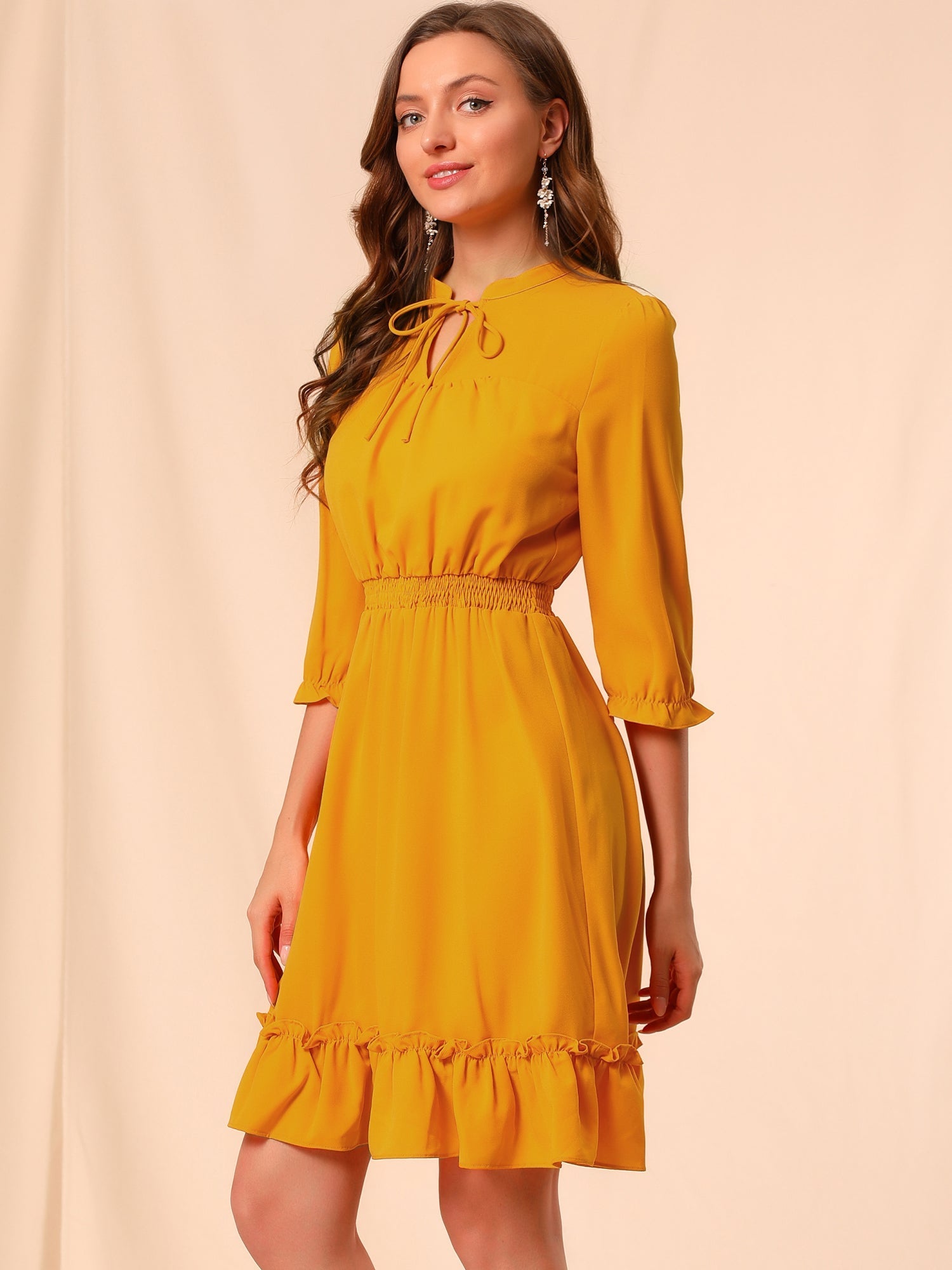 Ruffle Hem 3/4 Sleeve A-Line Smocked Midi Chiffon Dress