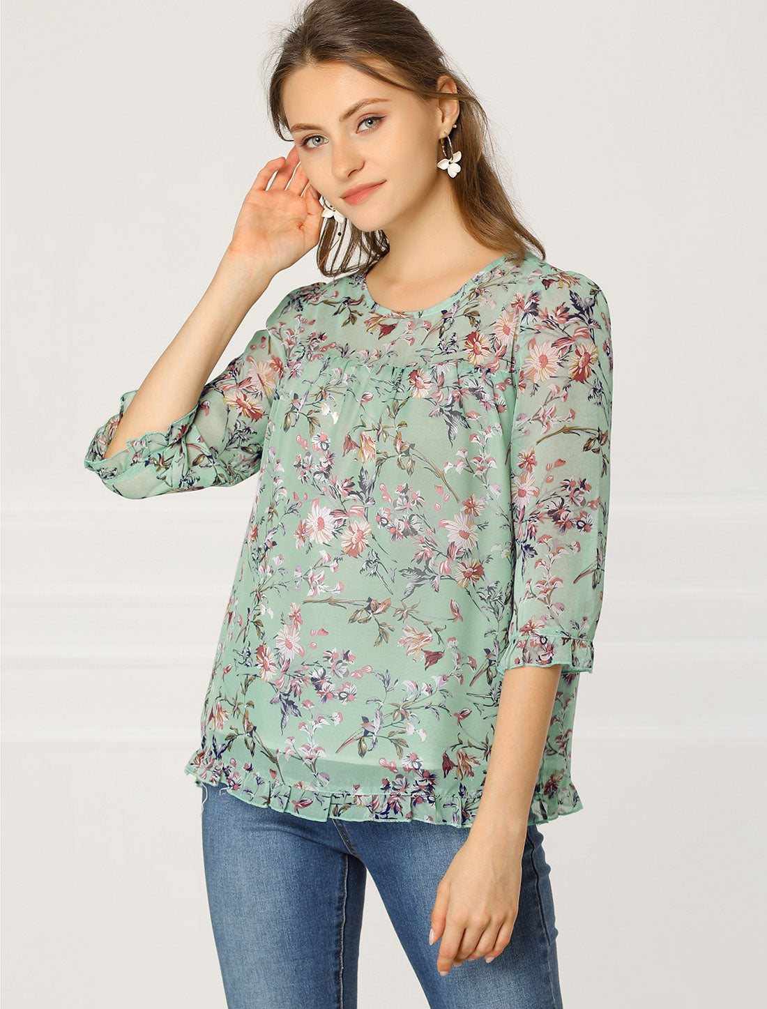 Casual Ruffle Floral Print 3/4 Sleeve Chiffon Blouse