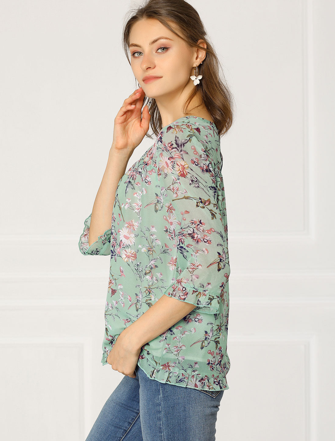 Casual Ruffle Floral Print 3/4 Sleeve Chiffon Blouse