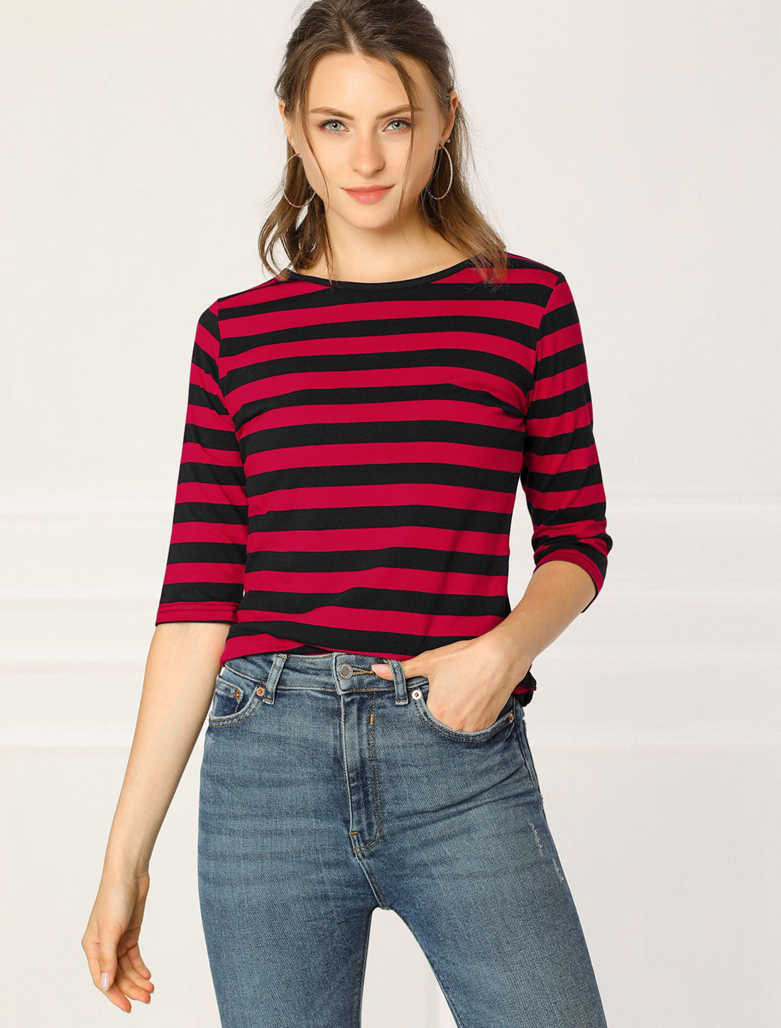 Striped 3/4 Sleeve Round Neck Casual T-Shirt