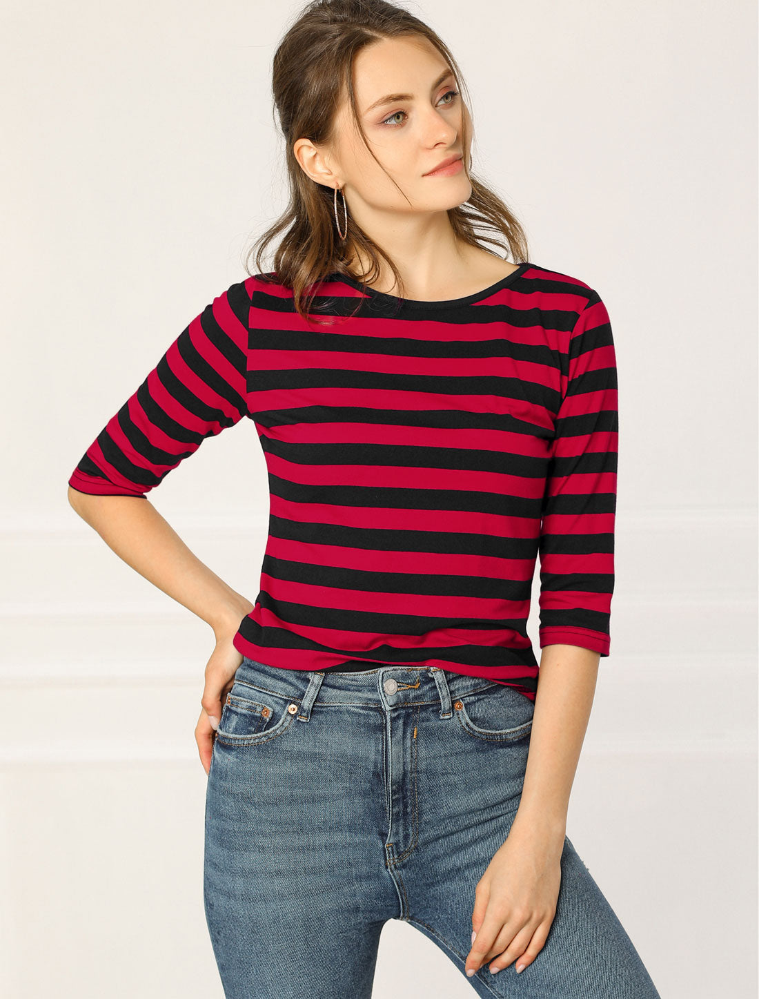 Striped 3/4 Sleeve Round Neck Casual T-Shirt