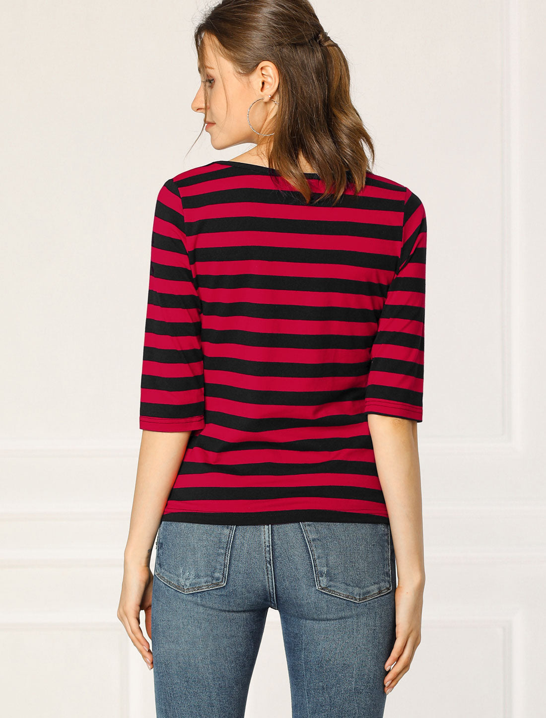 Striped 3/4 Sleeve Round Neck Casual T-Shirt