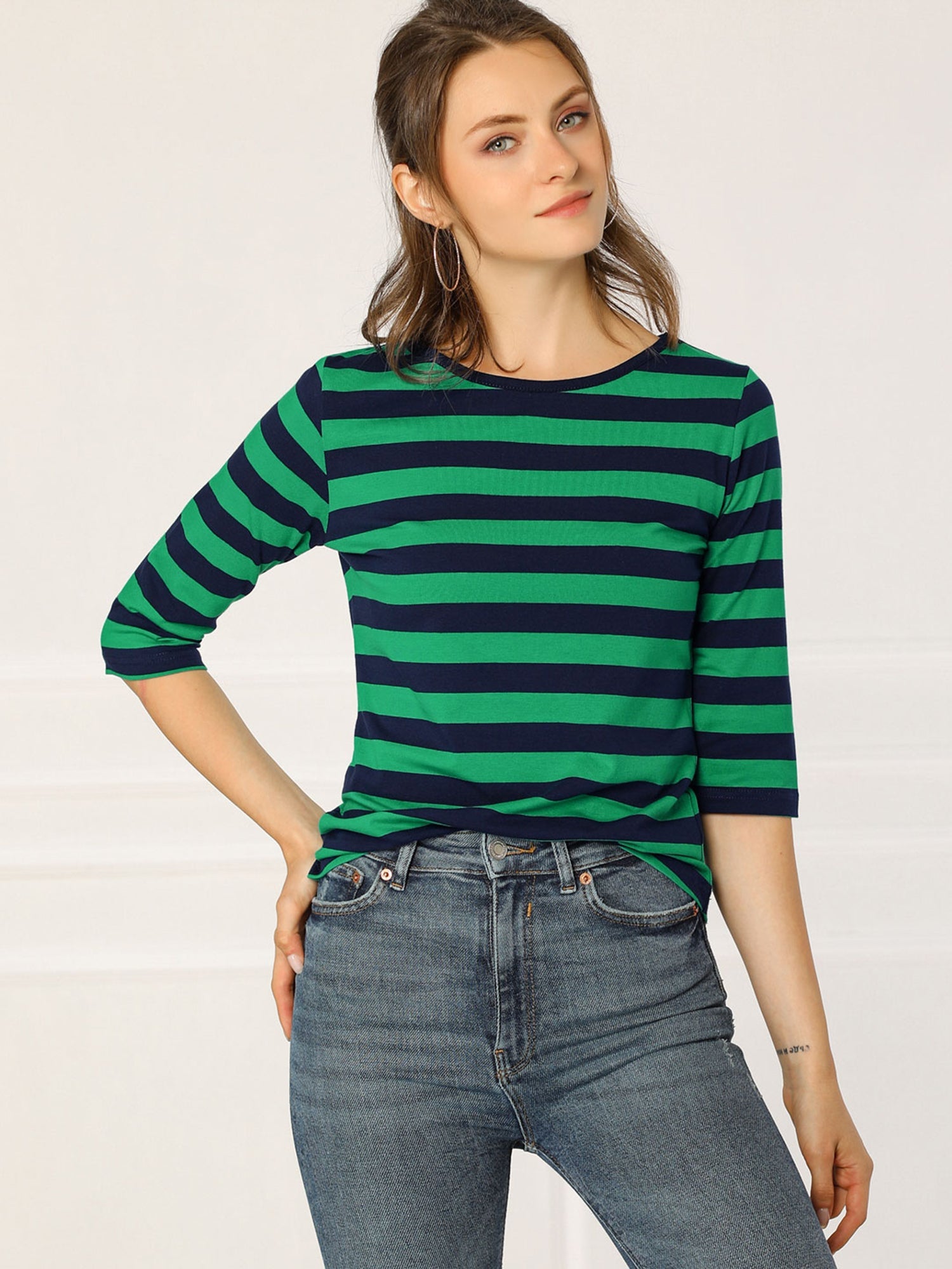 Striped 3/4 Sleeve Round Neck Casual T-Shirt