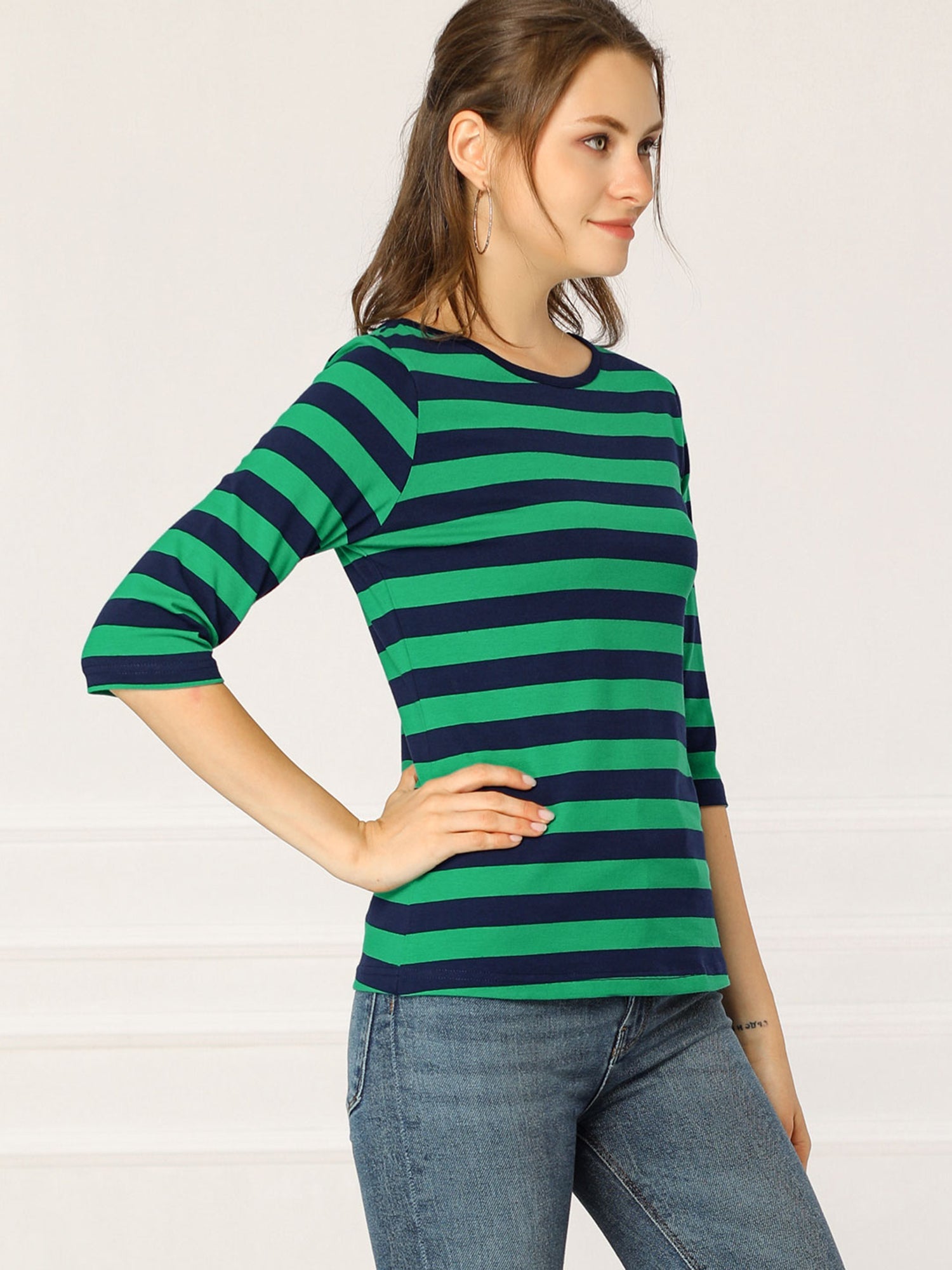 Striped 3/4 Sleeve Round Neck Casual T-Shirt