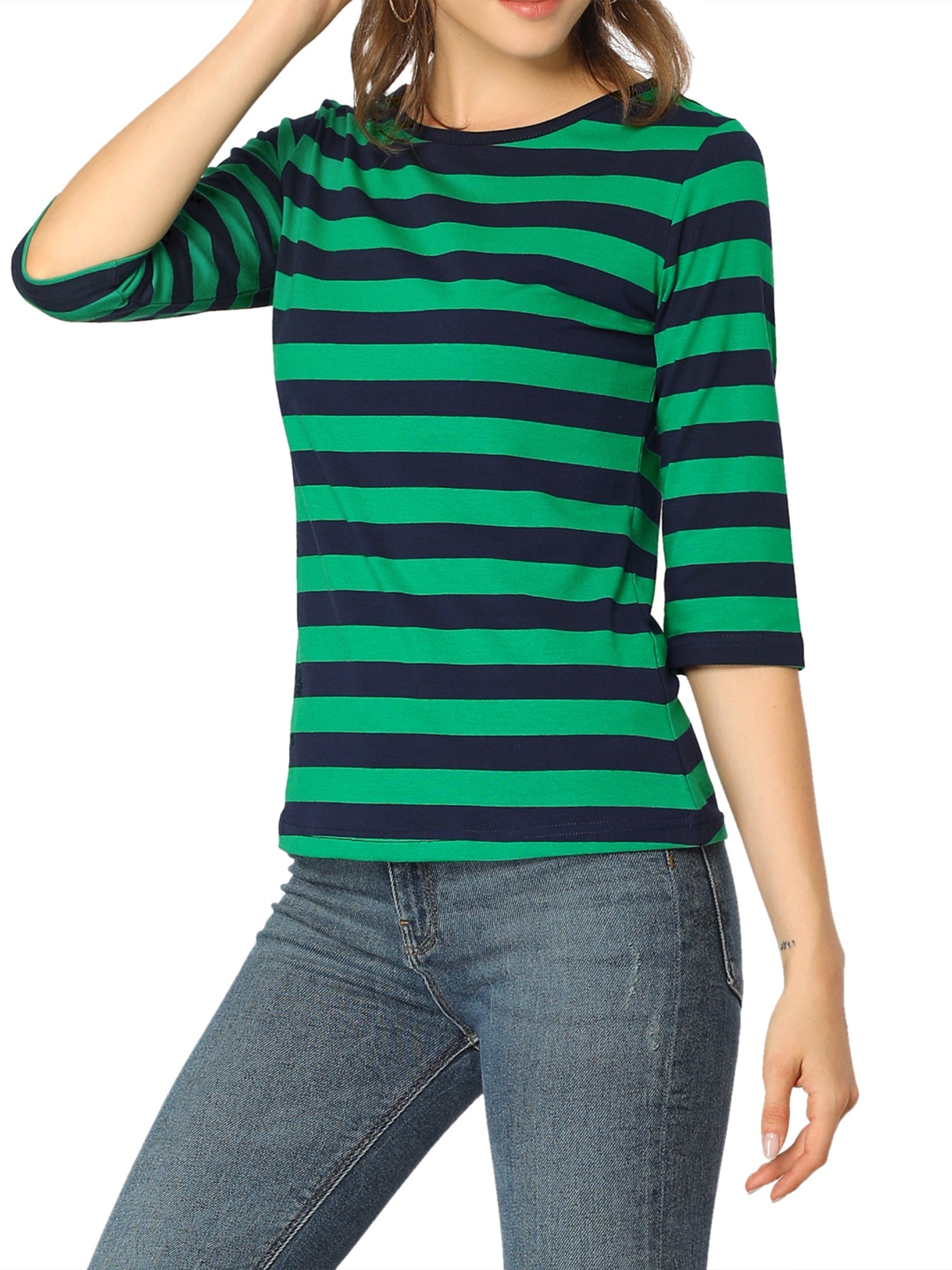 Striped 3/4 Sleeve Round Neck Casual T-Shirt