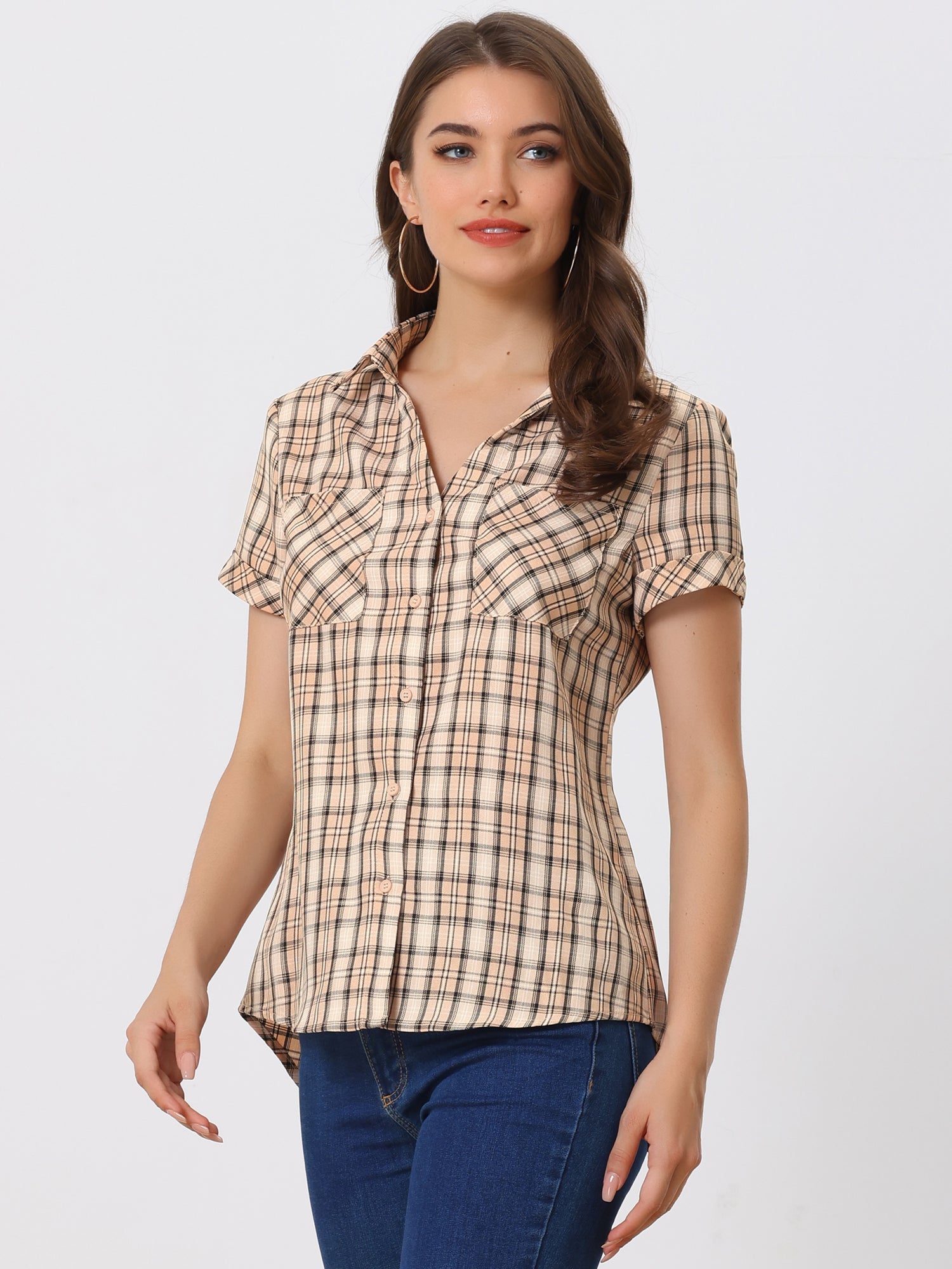Cotton Classic Button Down Plaid Short Sleeve Shirt