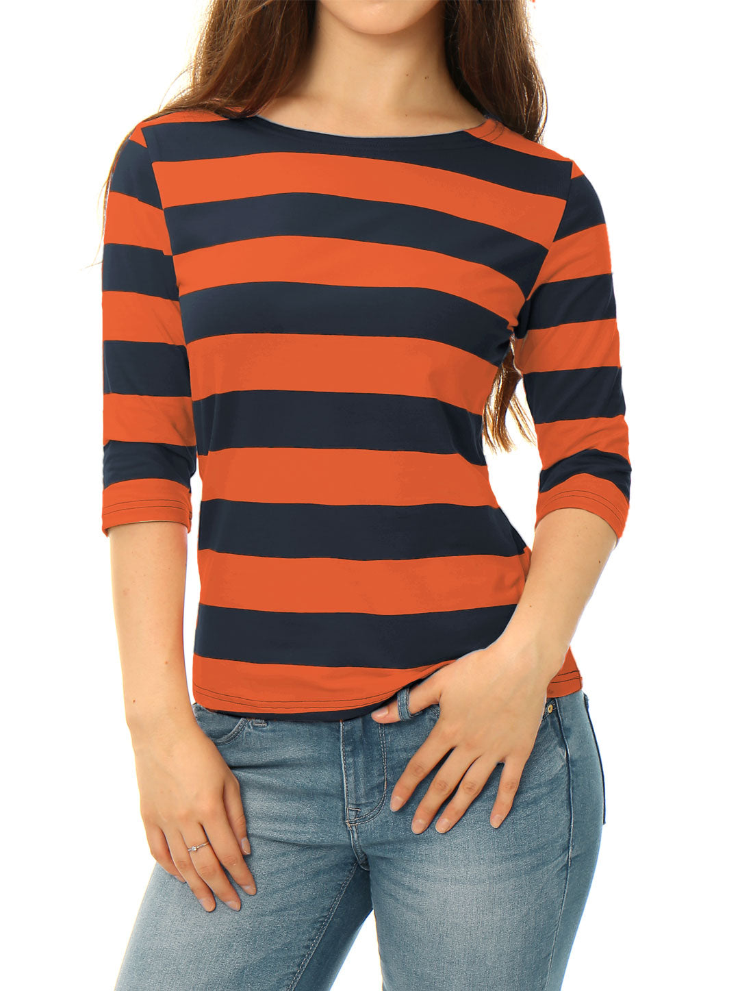 Striped 3/4 Sleeve Casual Basic Boat Neck T-shirt