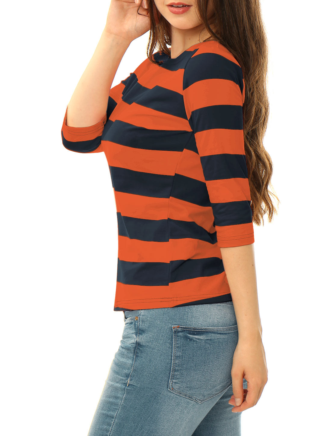 Striped 3/4 Sleeve Casual Basic Boat Neck T-shirt