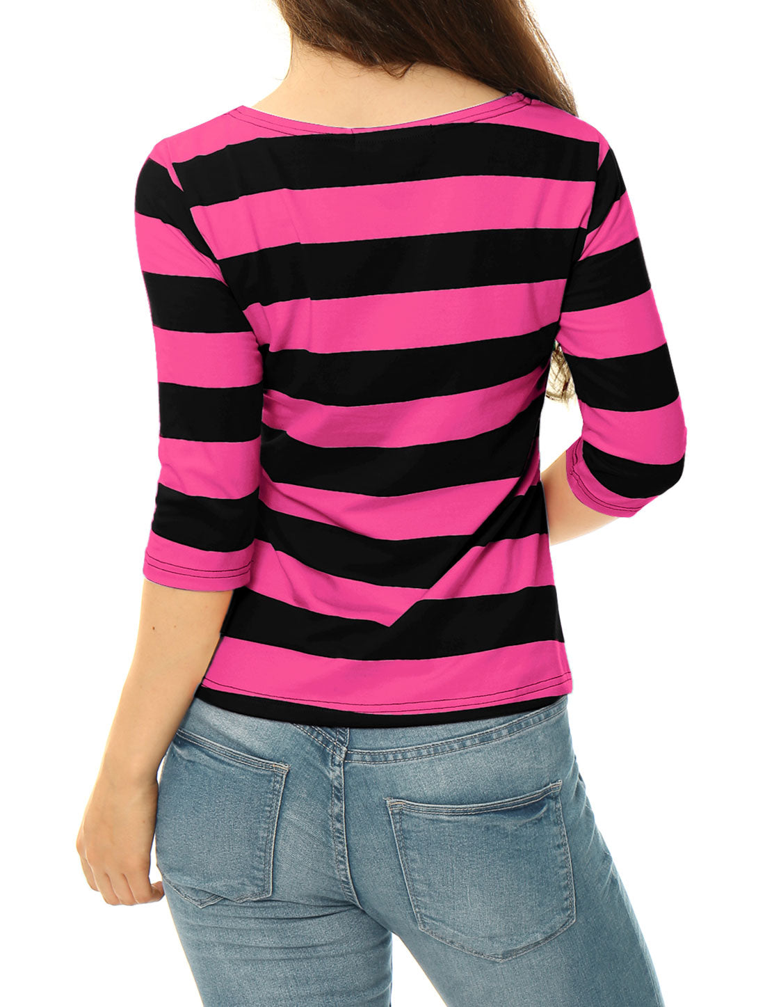 Striped 3/4 Sleeve Casual Basic Boat Neck T-shirt
