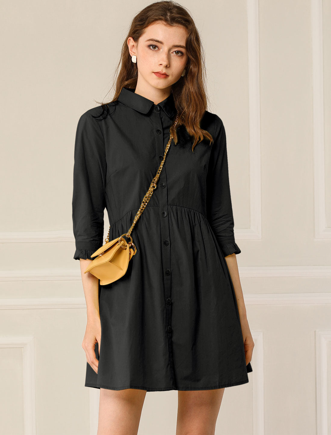 Ruched 3/4 Sleeve Button Up Casual Mini Shirt Dress