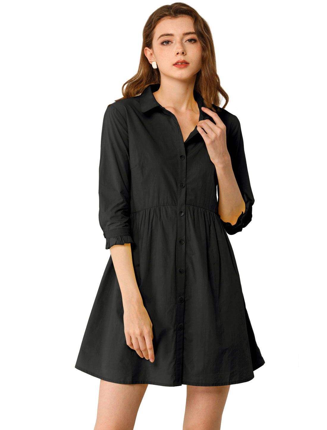 Ruched 3/4 Sleeve Button Up Casual Mini Shirt Dress