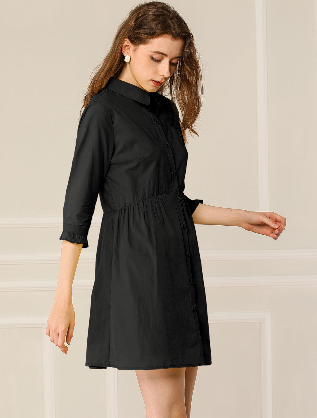 Ruched 3/4 Sleeve Button Up Casual Mini Shirt Dress