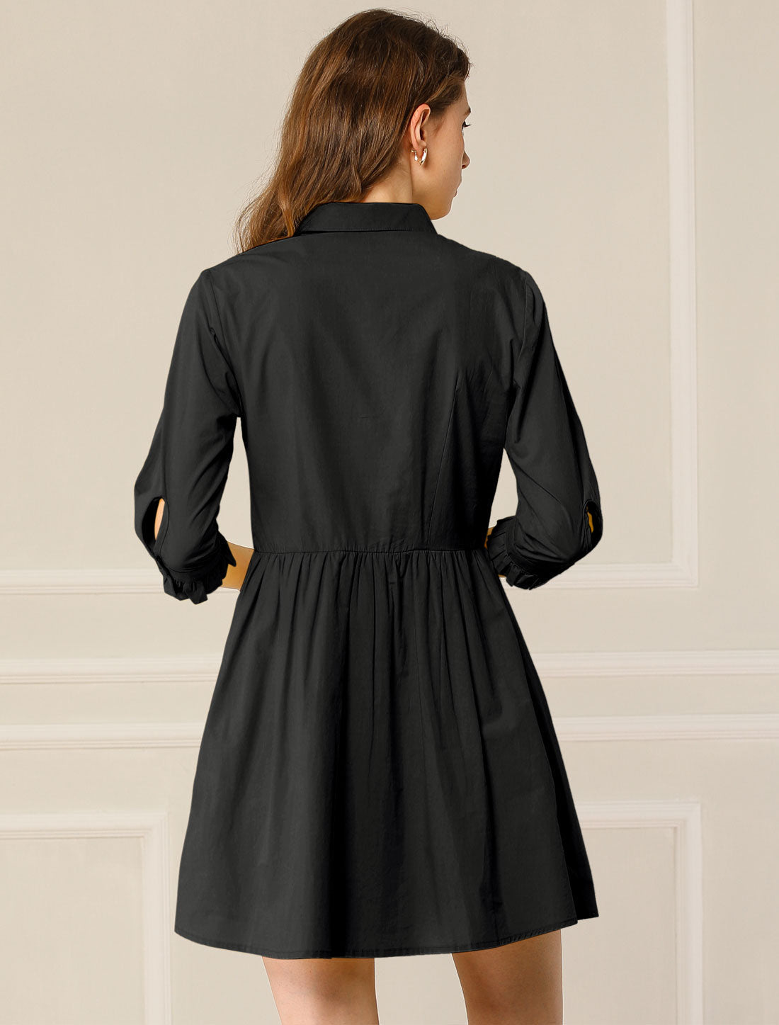 Ruched 3/4 Sleeve Button Up Casual Mini Shirt Dress