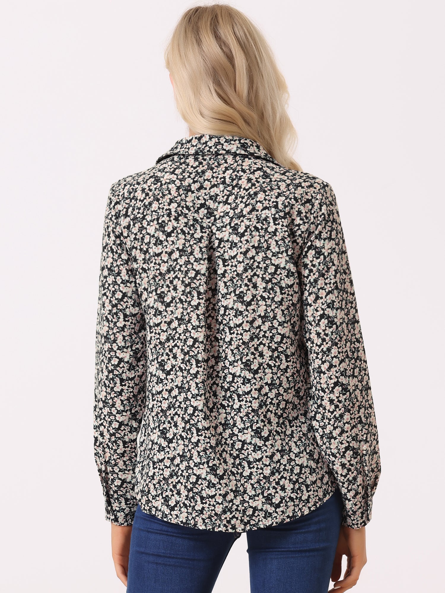 Button Down Floral Shirt Blouse Long Sleeve Point Collar Top