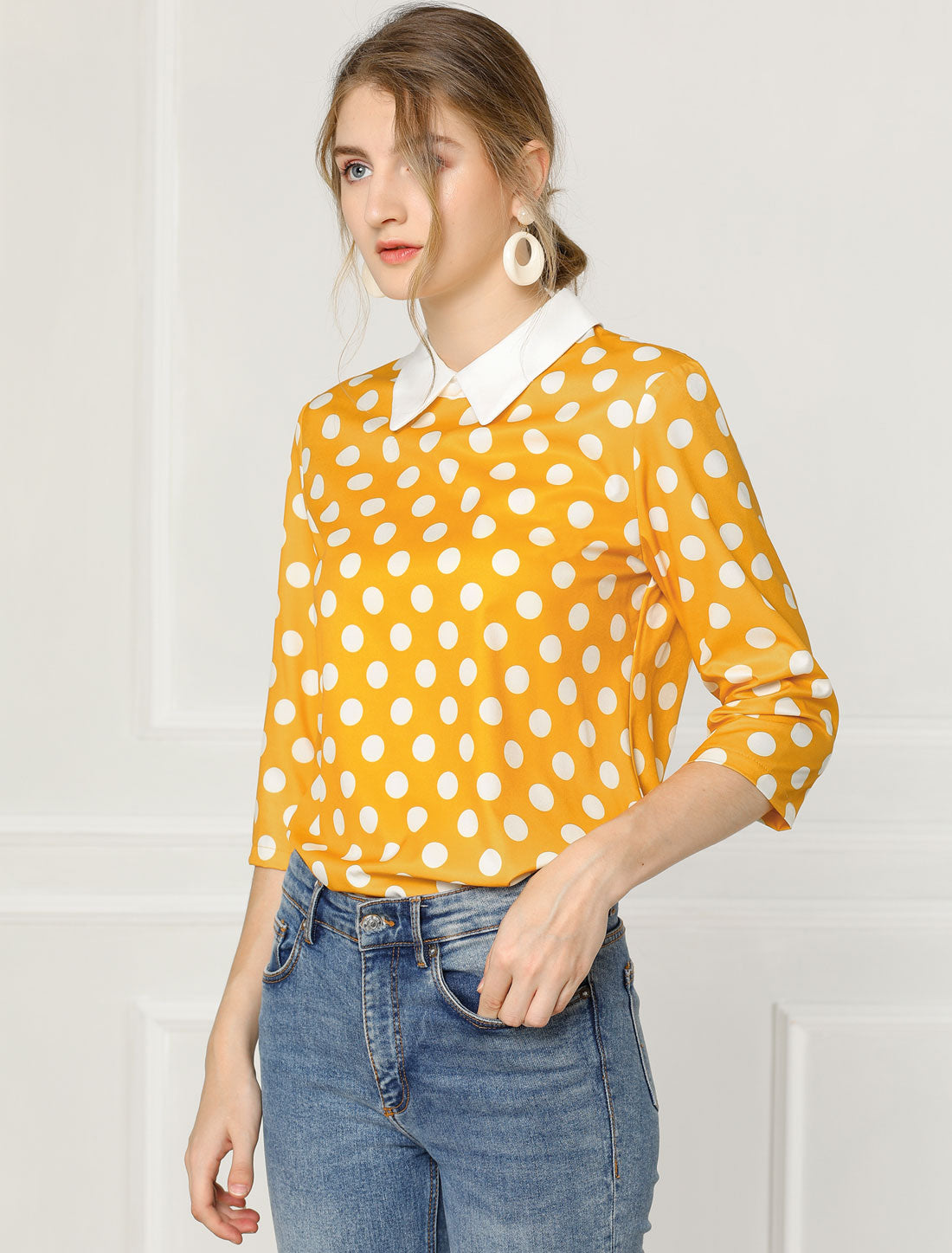 Polka Dots Contrast Peter Pan Collar Top 3/4 Sleeve Blouse Shirt