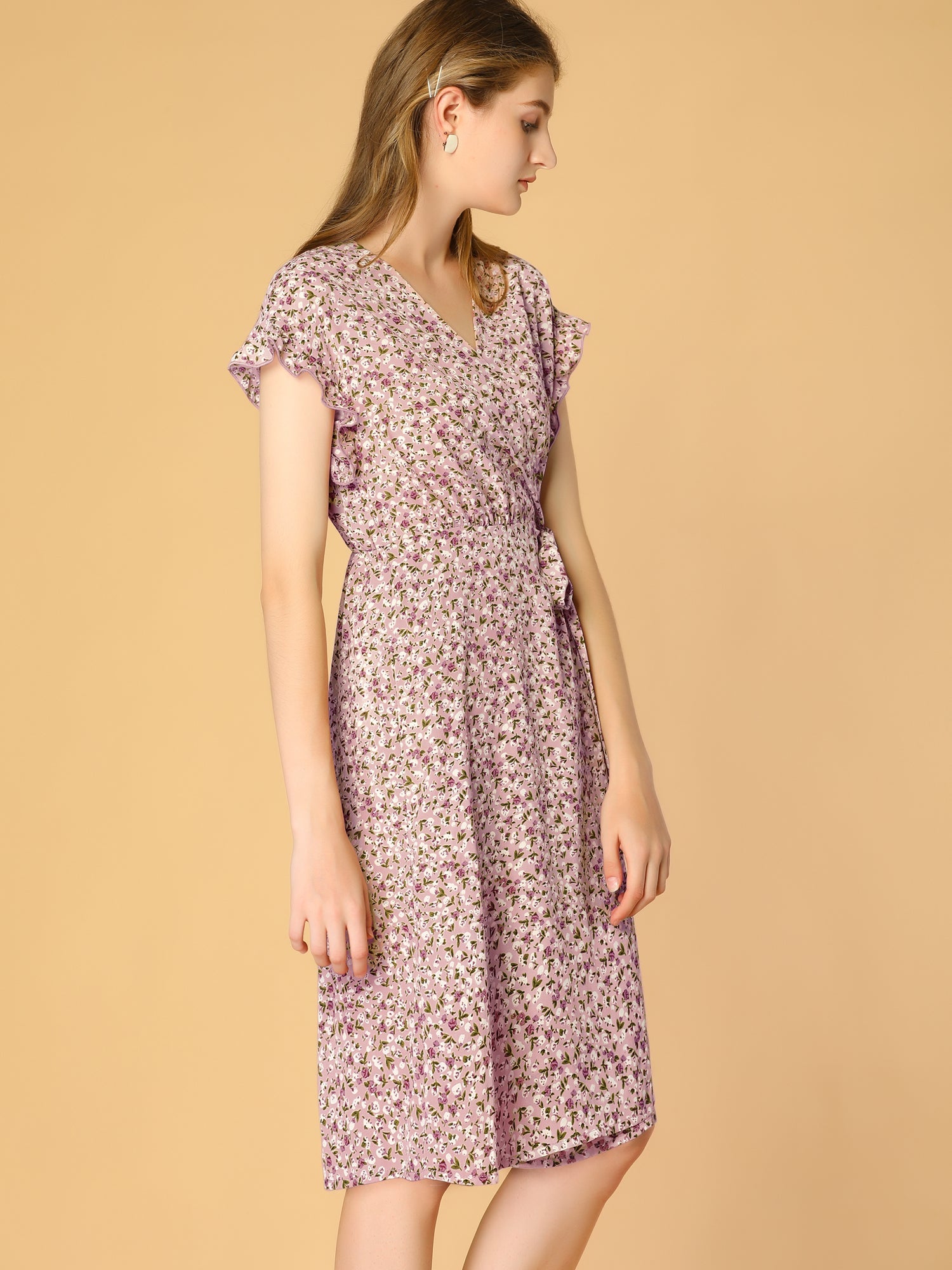 Ditsy Floral V Neck Ruffle Flutter Sleeve Midi Wrap Dress