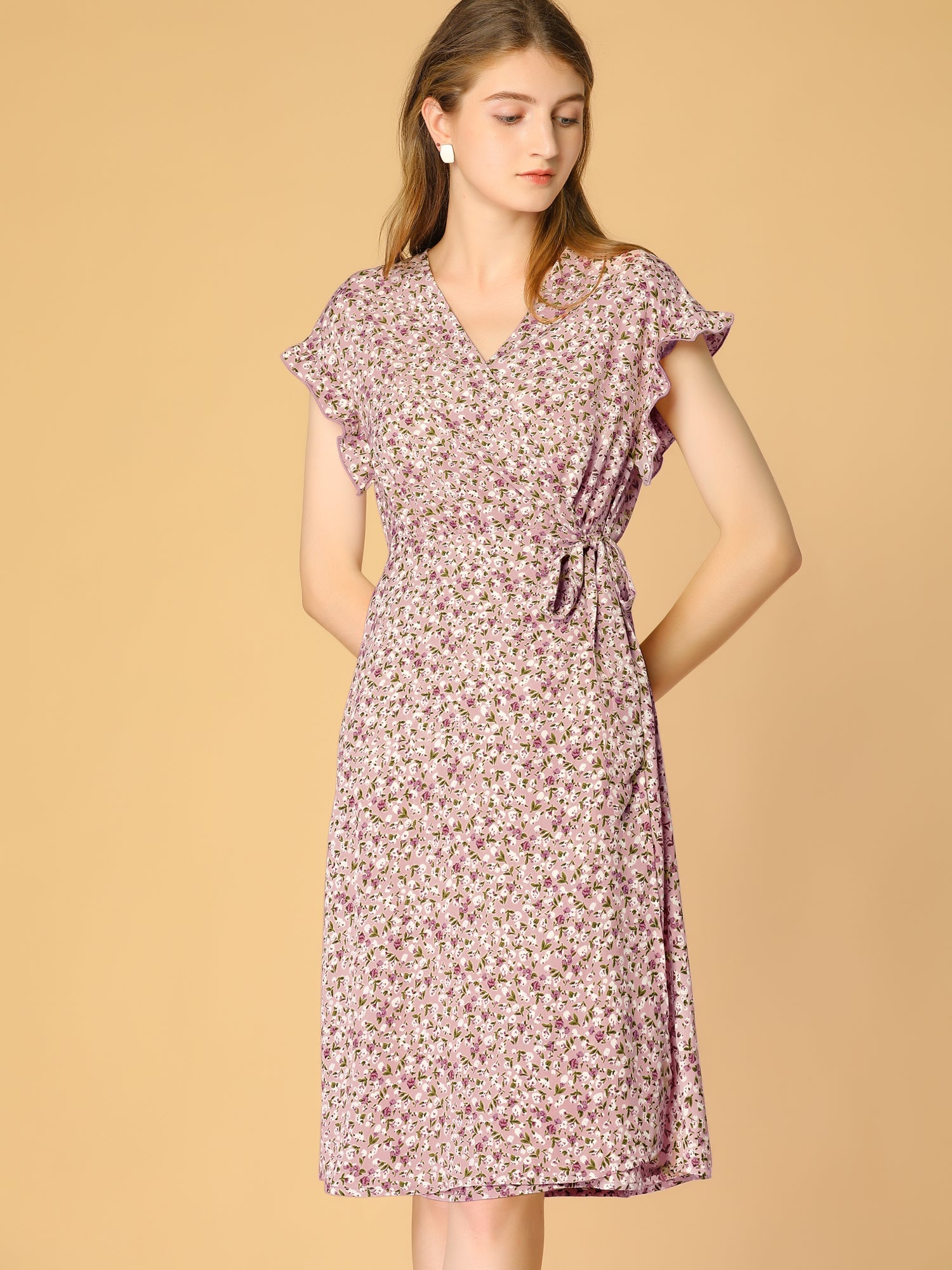 Ditsy Floral V Neck Ruffle Flutter Sleeve Midi Wrap Dress