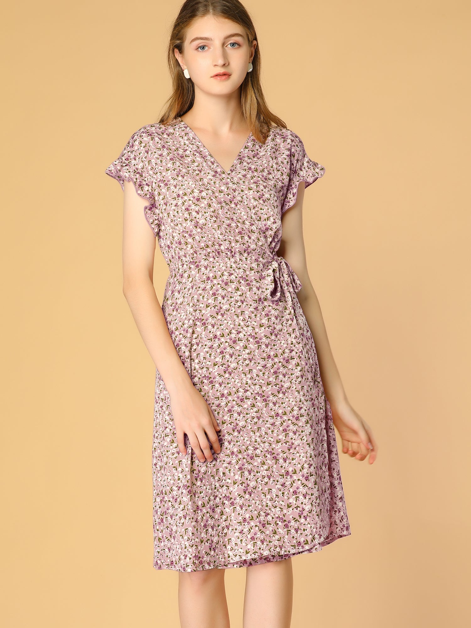 Ditsy Floral V Neck Ruffle Flutter Sleeve Midi Wrap Dress