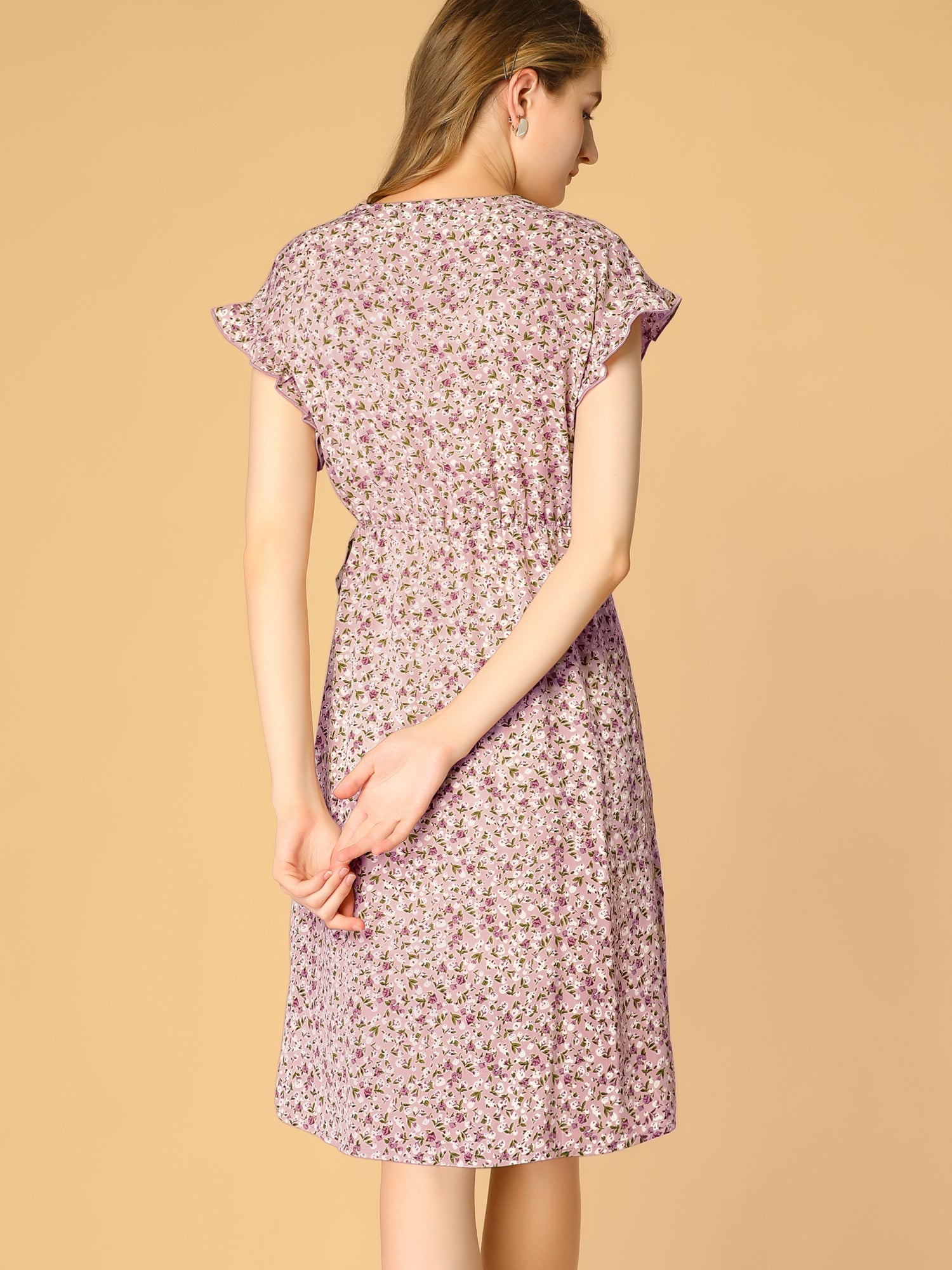 Ditsy Floral V Neck Ruffle Flutter Sleeve Midi Wrap Dress