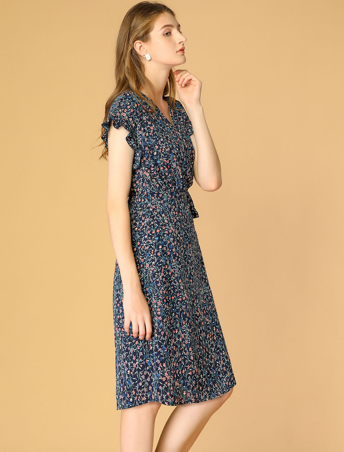 Ditsy Floral V Neck Ruffle Flutter Sleeve Midi Wrap Dress