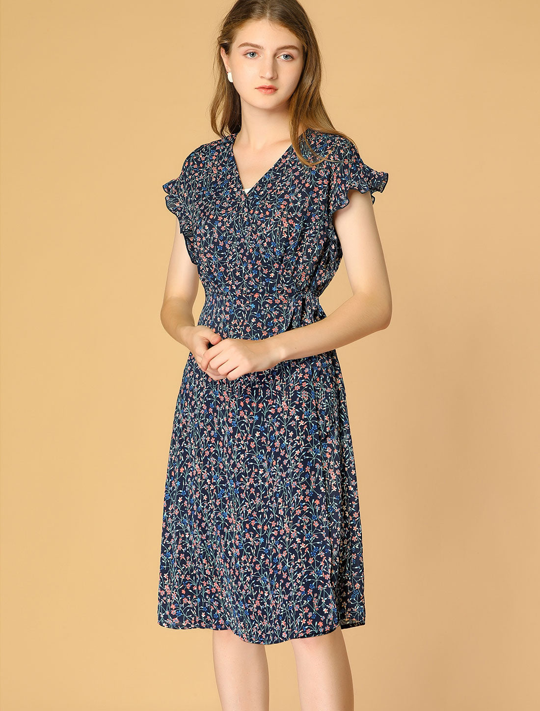 Ditsy Floral V Neck Ruffle Flutter Sleeve Midi Wrap Dress