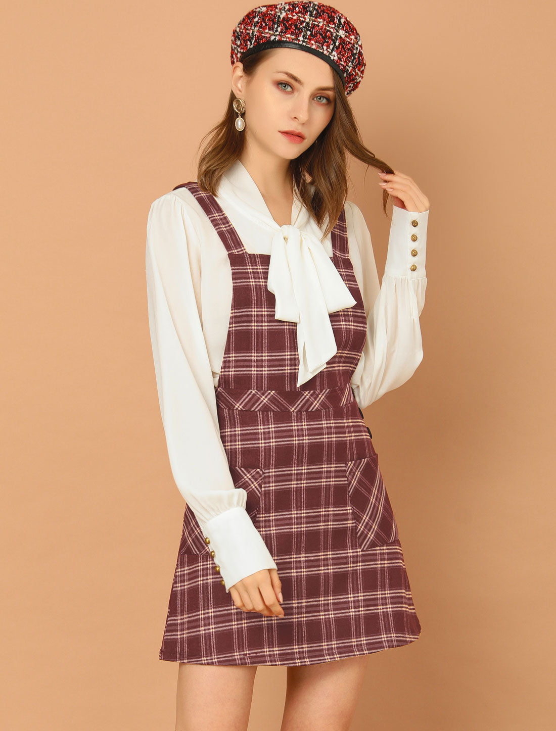 Plaid Tartan Button Decor A-Line Pinafore Overall Dress