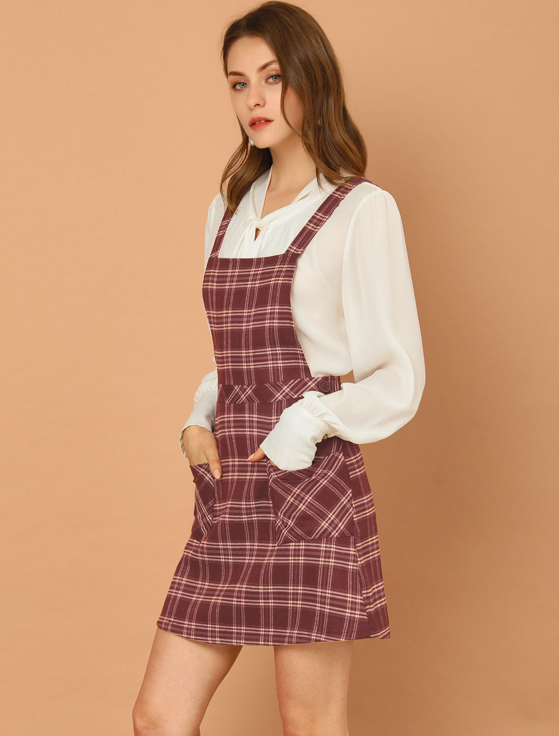 Plaid Tartan Button Decor A-Line Pinafore Overall Dress