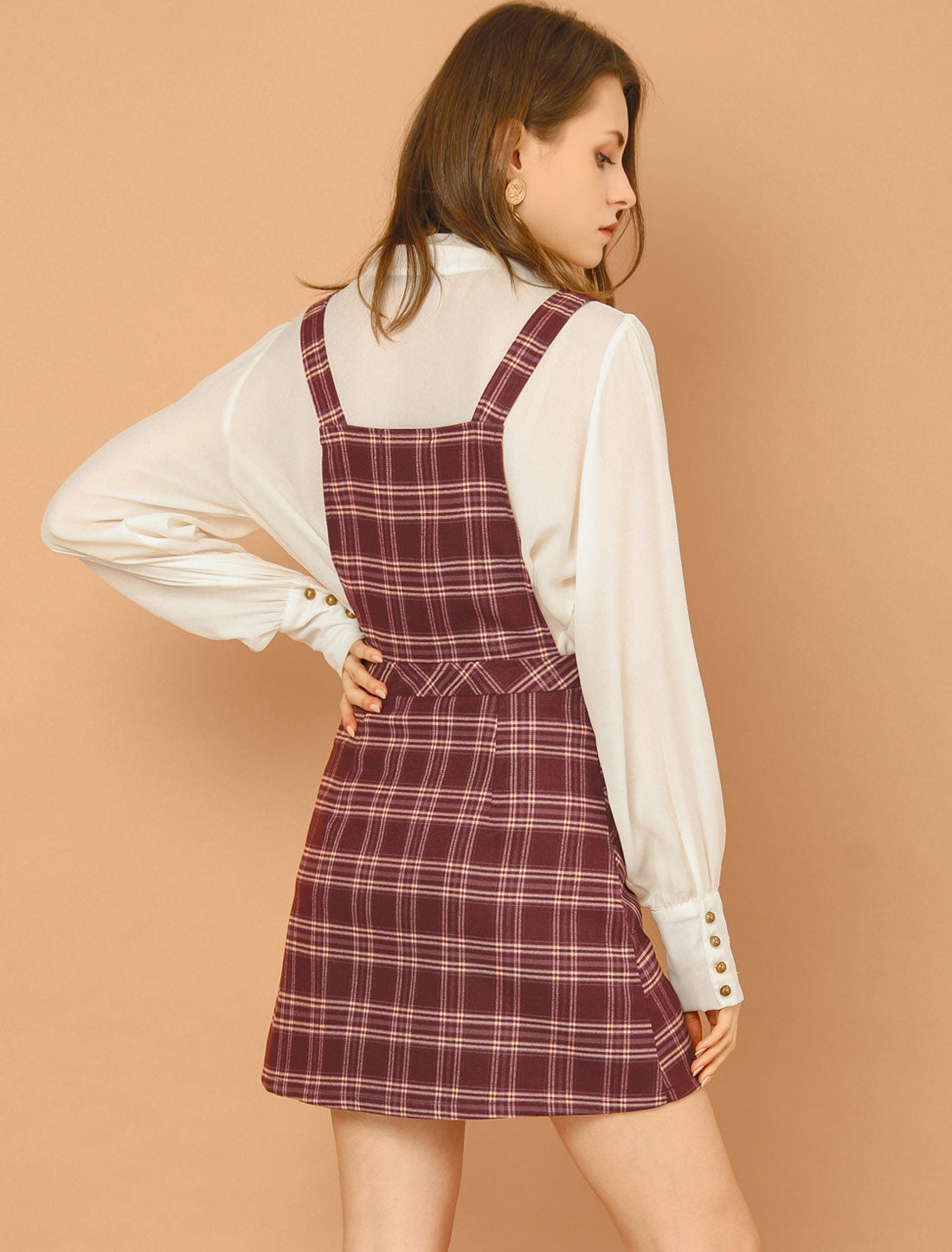 Plaid Tartan Button Decor A-Line Pinafore Overall Dress