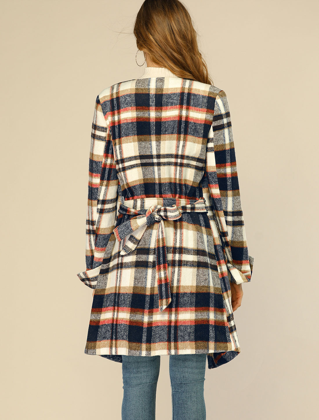 Belted Wrap Outerwear Shawl Collar Asymmetric Hem Plaid Coat