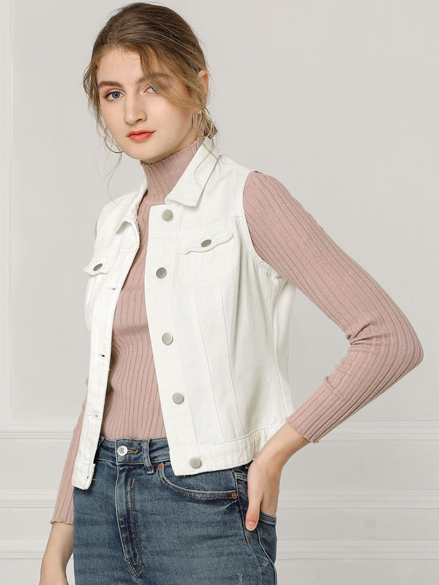 Buttoned Chest Flap Pocket Washed Denim Jacket Vest
