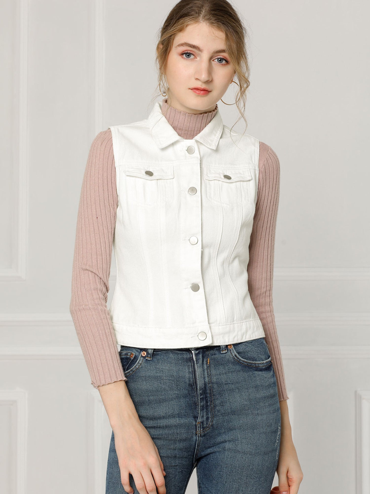 Buttoned Chest Flap Pocket Washed Denim Jacket Vest