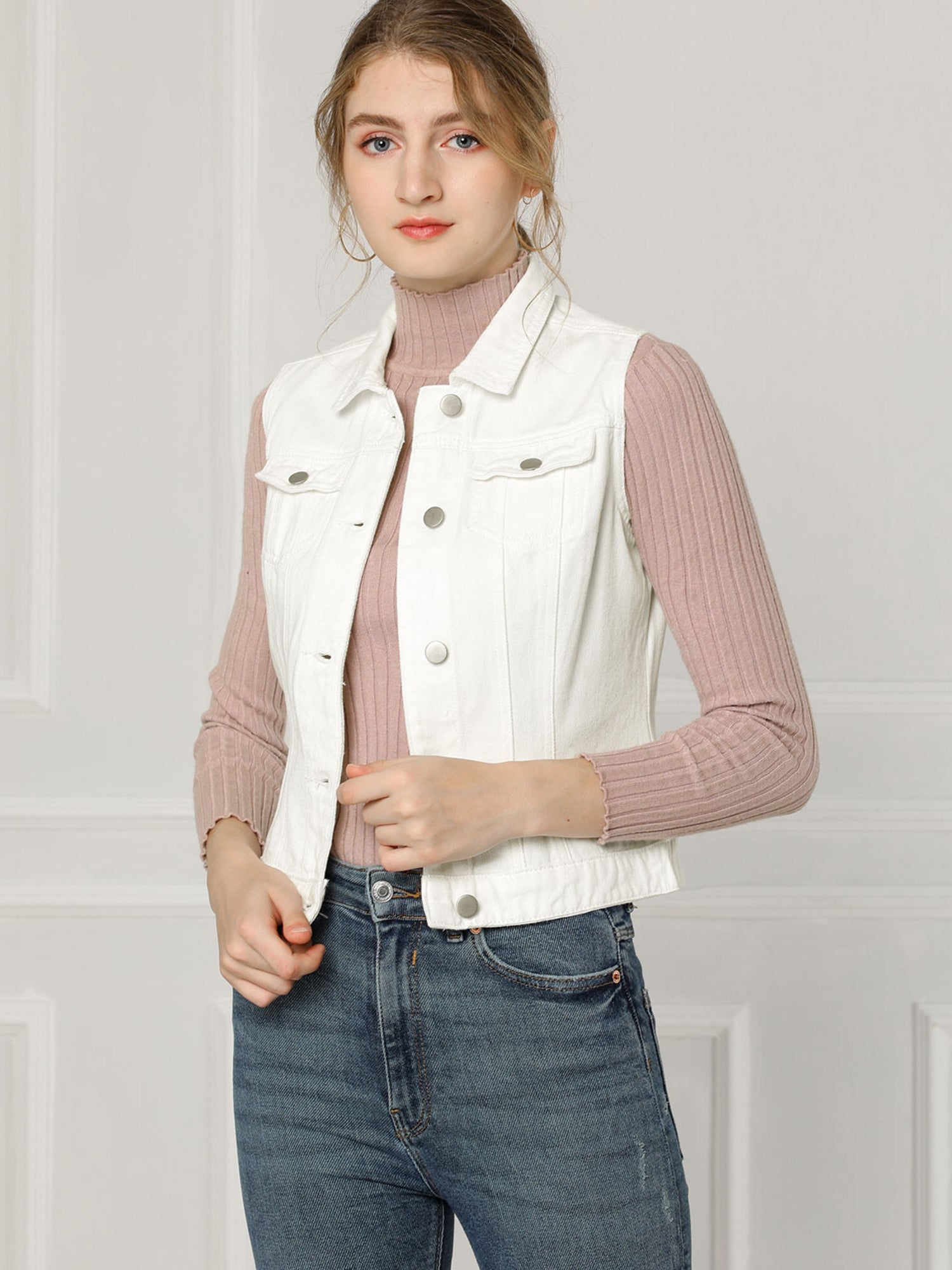 Buttoned Chest Flap Pocket Washed Denim Jacket Vest